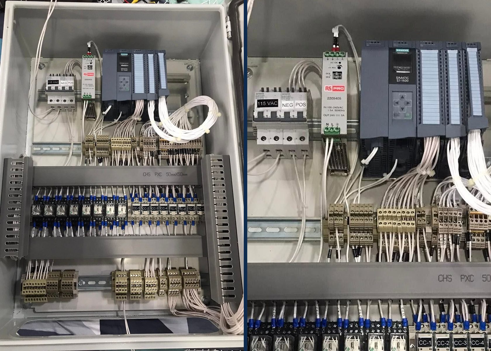 Control panel built for the busbar transfer scheme: Siemens S7-1500 PLC, 24 V supply and breakers on DIN rail, with interposing relays and numbered terminal blocks wired below